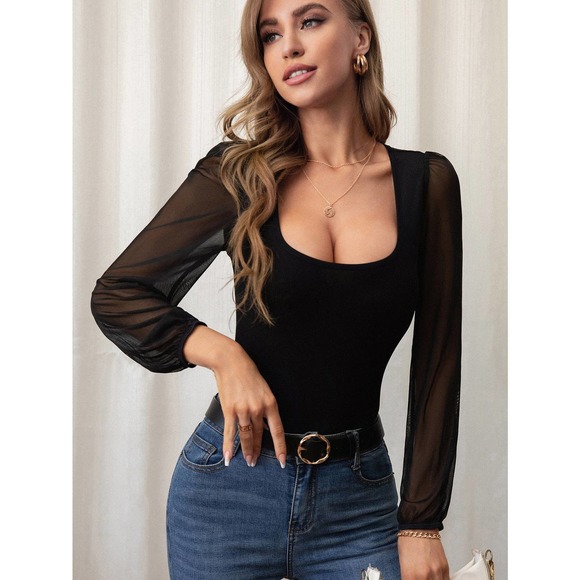 Contrast Mesh Lantern Sleeve long sleeve Scoop Neck Top black - Picture 1 of 6